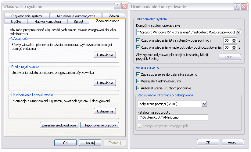 Okna waciwoci systemu i konfiguracji opcji 
			dla uruchamiania i odzyskiwania w Windows XP